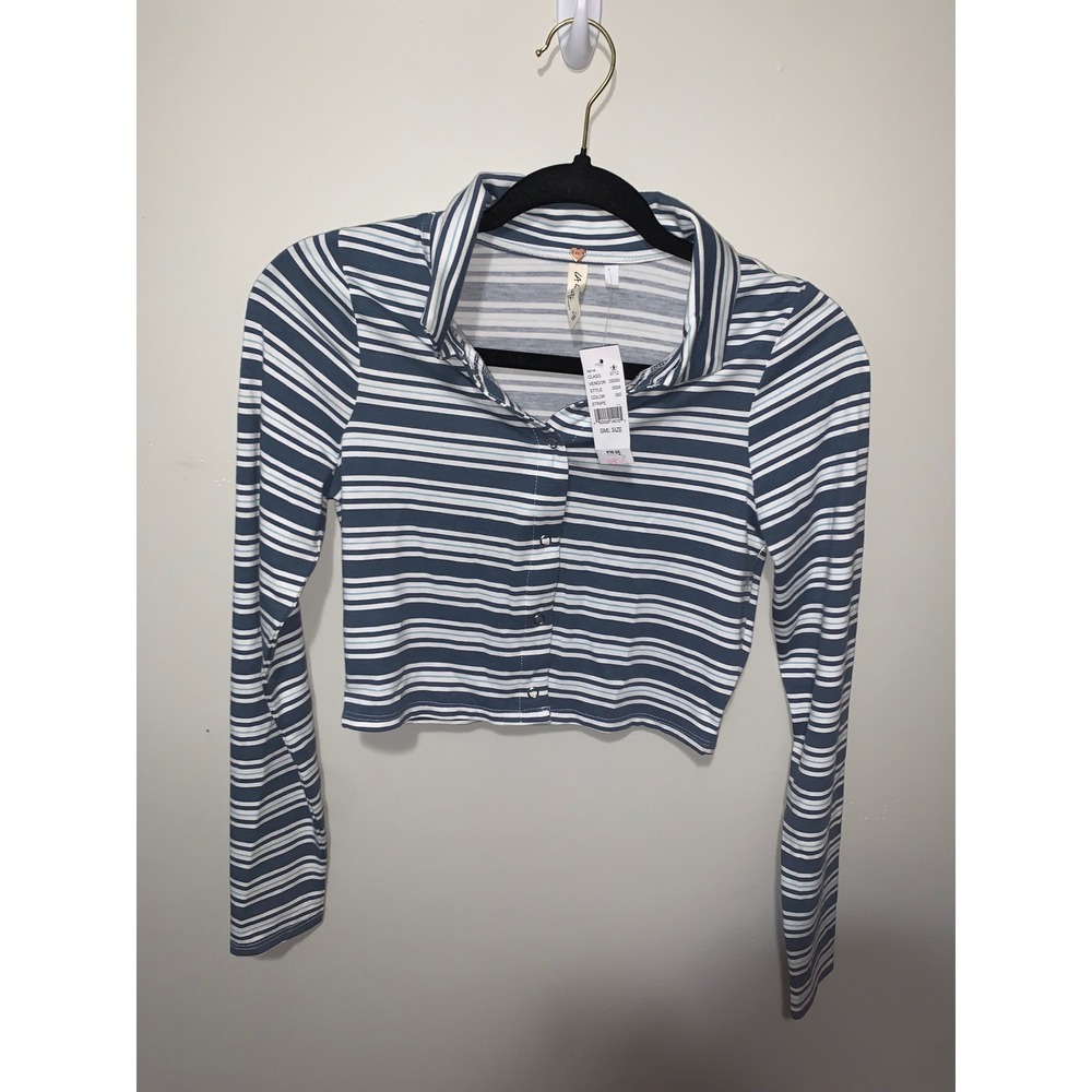LA Hearts by PacSun Striped Long Sleeve Cropped Polo Shirt Blue White Small NWT